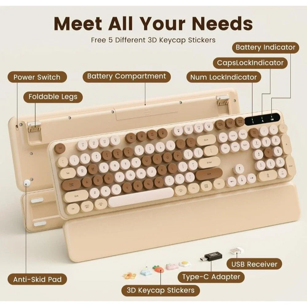 Wireless Keyboard Latte Round Keycaps, Retro Typewriter Detachable Wrist Rest